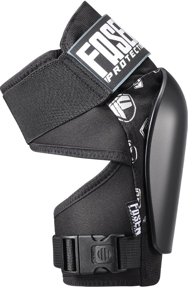 A black Fasen Sliders Pro Knee Skate Protection Pad featuring padded straps, a hard plastic protective shell inspired by professional knee pads, and printed Fasen branding.