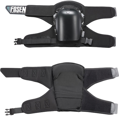 Two black Fasen Sliders Pro Knee Skate Protection Pads are shown from the front and back. One pad features a hard shell cap—ideal for use as scooter knee pads—while the other displays cushioned backing and adjustable strap with buckle details. The “Fasen” logo is visible.