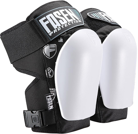 A pair of Fasen Sliders Pro Knee Skate Protection Pads in white, featuring black and white low-profile hard shells with adjustable straps and buckles—ideal scooter protective gear from Fasen for dependable comfort and security.