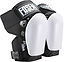 A pair of Fasen Sliders Pro Knee Skate Protection Pads in white, featuring black and white low-profile hard shells with adjustable straps and buckles—ideal scooter protective gear from Fasen for dependable comfort and security.