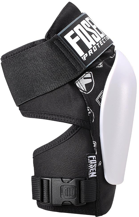 Introducing the Fasen Sliders Pro Knee Skate Protection Pads in White—these low-profile, black and white pads feature adjustable straps and a durable hard white plastic shield for optimum knee protection during sports or physical activities. Designed by Fasen, they pair seamlessly with other scooter protective gear to provide comprehensive safety.
