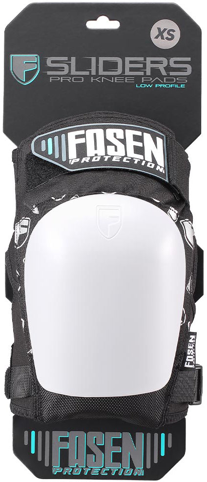 Fasen Sliders Pro Knee Skate Protection Pads - White in size XS are black and white scooter protective gear with a low-profile hard shell pad. Packaged with the distinctive Fasen logo and highlighted by “Low Profile” and “Protection” text in teal and white, these knee pads combine a sleek design with dependable protection.