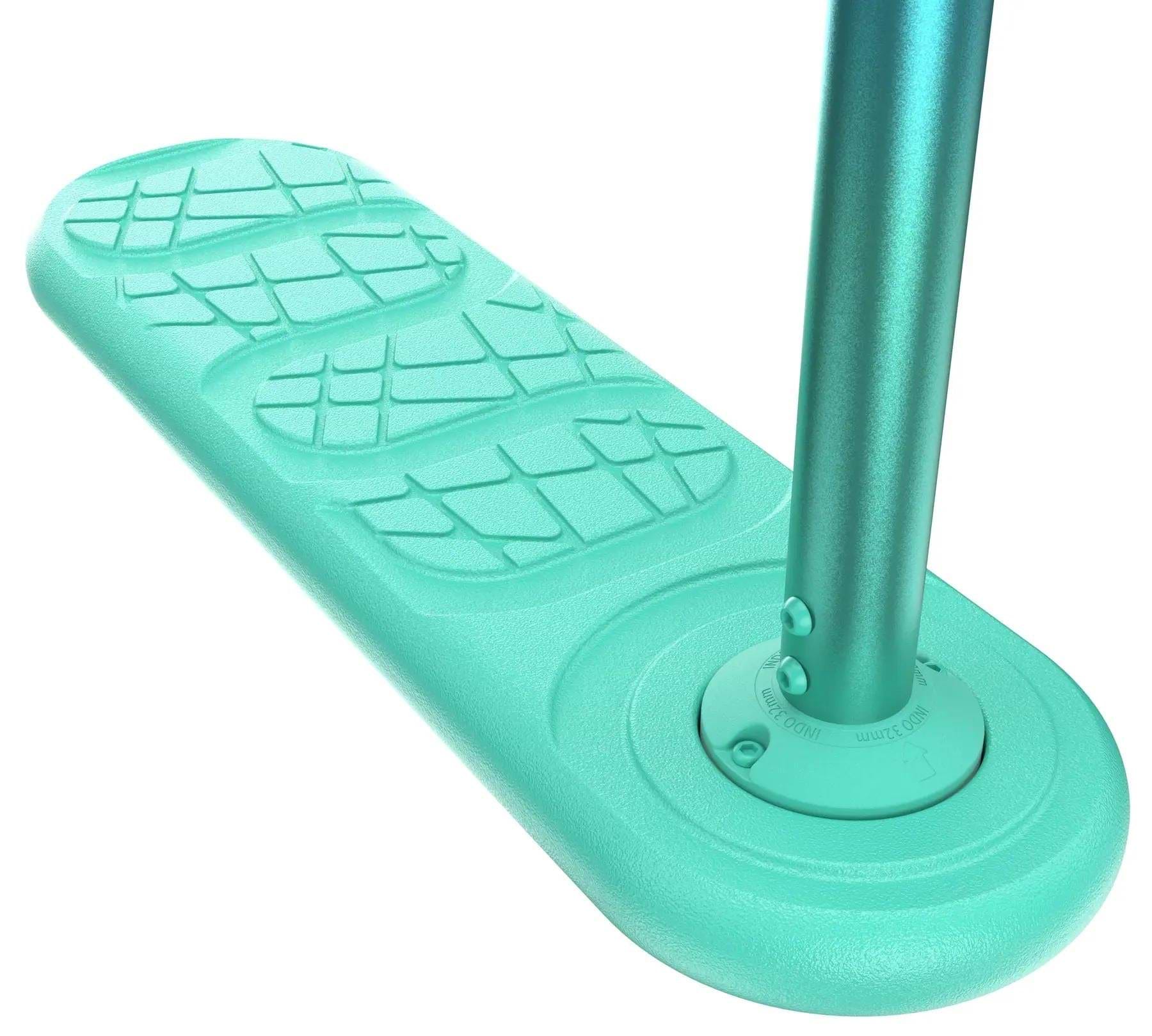 Close-up of the INDO Kickstart Classic Indoor Trampoline Stunt Scooter - Neon, featuring a teal deck with textured foot grips and an attached teal metal pole, showcasing INDO’s lightweight, strong, and flexible design for performance.