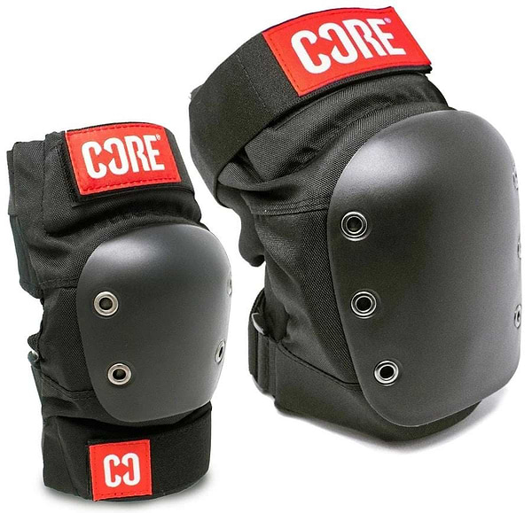 The CORE Combo Street Knee & Elbow Skate Protection Pad Set - Black features hardshell construction, metal rivets, and red velcro straps with the white CORE logo, shown on a white background.