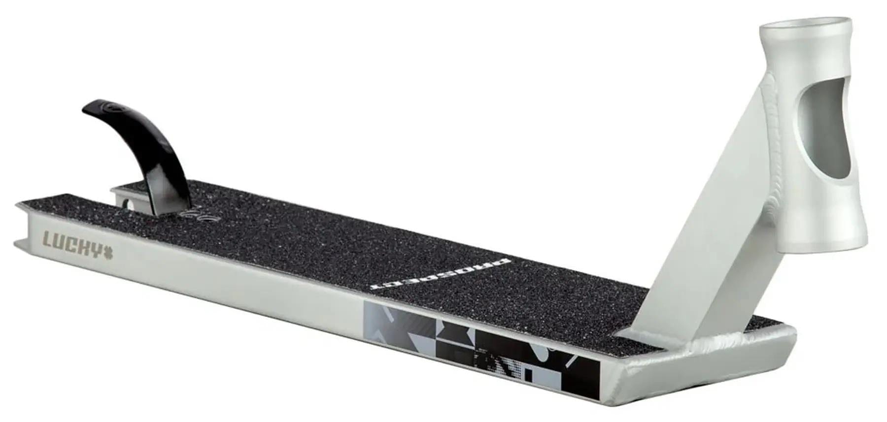 The Lucky Prospect 2025 Matte Raw Stunt Scooter Deck (5" x 19.5") features a silver finish, black grip tape, angular head tube, improved foot space, rear brake, and "Lucky" branding on the side.