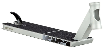 The Lucky Prospect 2025 Matte Raw Stunt Scooter Deck (5" x 19.5") features a silver finish, black grip tape, angular head tube, improved foot space, rear brake, and "Lucky" branding on the side.