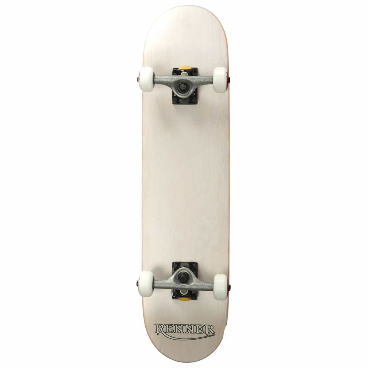 A top-down view of a Renner Pro Series White Complete Skateboard, measuring 7.75" x 31", showcases a plain light-colored deck crafted from 7 Ply Canadian Maple with white wheels. The word "RENNER" is elegantly printed at the bottom, hinting at its precision-engineered ABEC 9 bearings.