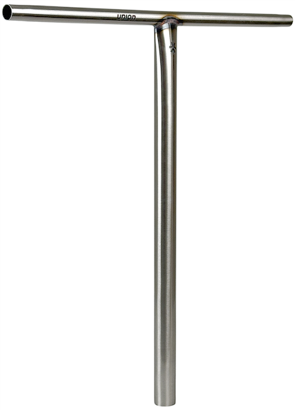 The Union Uniq T Steel Oversized HIC Stunt Scooter Bar in silver measures 600mm x 580mm, features a straight crossbar, a long vertical stem, durable chromoly steel construction, and has a small "HICPR" logo near the top.