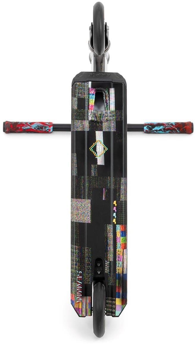 Overhead view of the Slamm Mischief Complete Stunt Scooter - Glitch, with colorful glitch art graphics on the deck and red handles featuring blue patterns. Both front and rear 110mm wheels are visible.