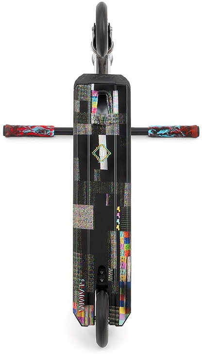 Overhead view of the Slamm Mischief Complete Stunt Scooter - Glitch, with colorful glitch art graphics on the deck and red handles featuring blue patterns. Both front and rear 110mm wheels are visible.