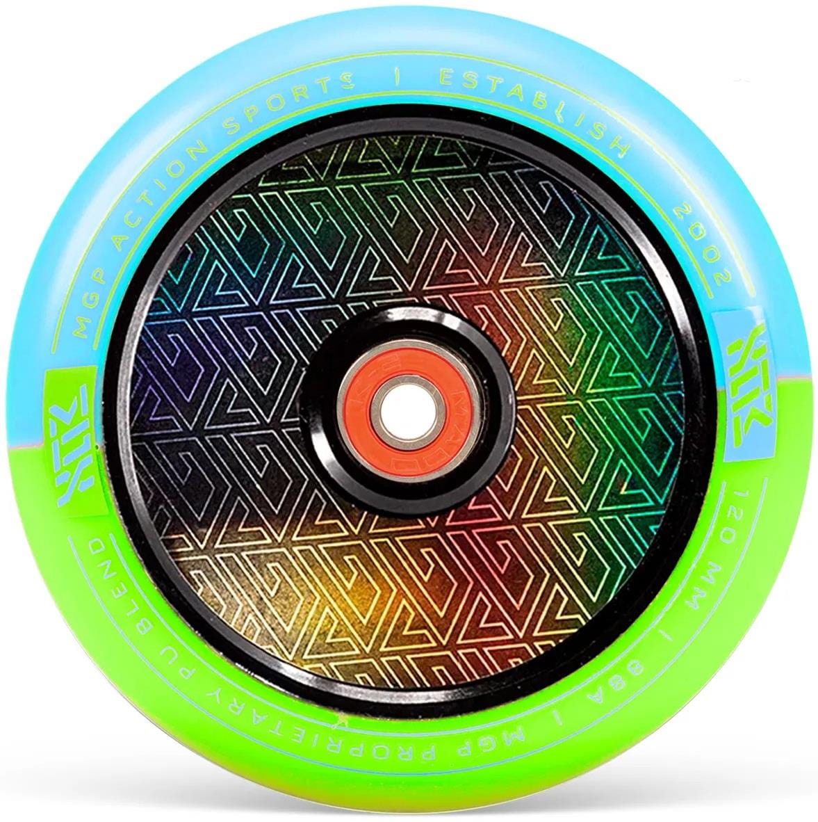 The Madd Gear MFX Corrupt Core 120mm Stunt Scooter Wheel features a geometric rainbow gradient, blue rim, and green edges with "MGPACTION SPORTS | ESTABLISH 2002" and "120MM 88A MG PRODELAY PU BLEND" on the rim.