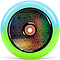 The Madd Gear MFX Corrupt Core 120mm Stunt Scooter Wheel features a geometric rainbow gradient, blue rim, and green edges with "MGPACTION SPORTS | ESTABLISH 2002" and "120MM 88A MG PRODELAY PU BLEND" on the rim.