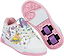 The Heelys x Hello Kitty Split X2 Girls Heelys in white and pink feature a unicorn design, rainbow details, ABEC 3 bearings, and removable purple wheels. One shoe shows the top view; the other displays the sole with wheels attached.