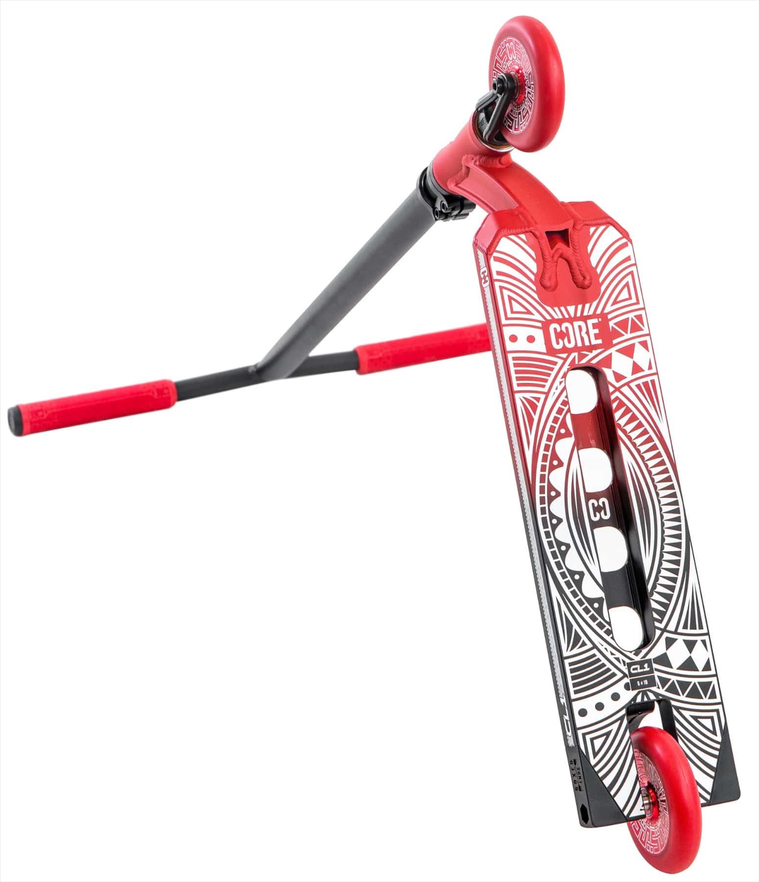 The CORE CL1 Complete Stunt Scooter by CORE, in Black/Red LE, features red handlebars, deck, and wheels with a black and white geometric underside—ideal for skatepark scooter tricks.