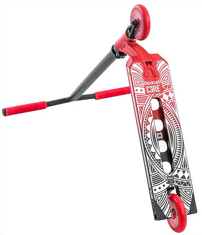 The CORE CL1 Complete Stunt Scooter by CORE, in Black/Red LE, features red handlebars, deck, and wheels with a black and white geometric underside—ideal for skatepark scooter tricks.