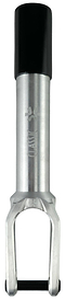 The Union Classic Lightweight HIC/SCS Stunt Scooter Fork - Polished by Union features a sleek silver aluminium design with a black top, offering durability and light weight for connecting the wheel to the scooter's steering tube.