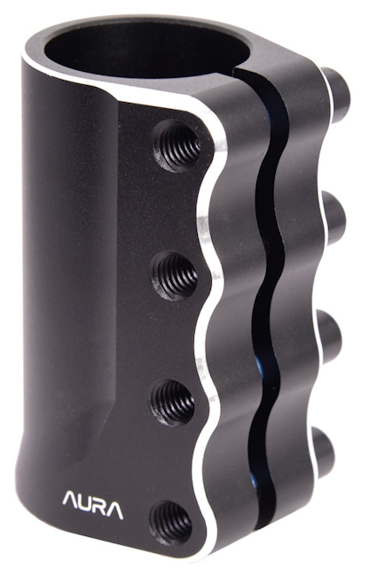 The CORE Aura 4 Bolt Oversized SCS Stunt Scooter Clamp - Black is an aluminium clamp with four bolt holes, wavy edge, and white "AURA" branding—ideal for advanced riders seeking a secure fit.