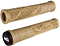 The ODI Hucker Flangeless Tan Stunt Scooter Grips (160mm) feature raised wave and palm tree designs, "Mucker" engraving, and black end caps with a white ODI logo. Ideal for bikes or stunt scooters.