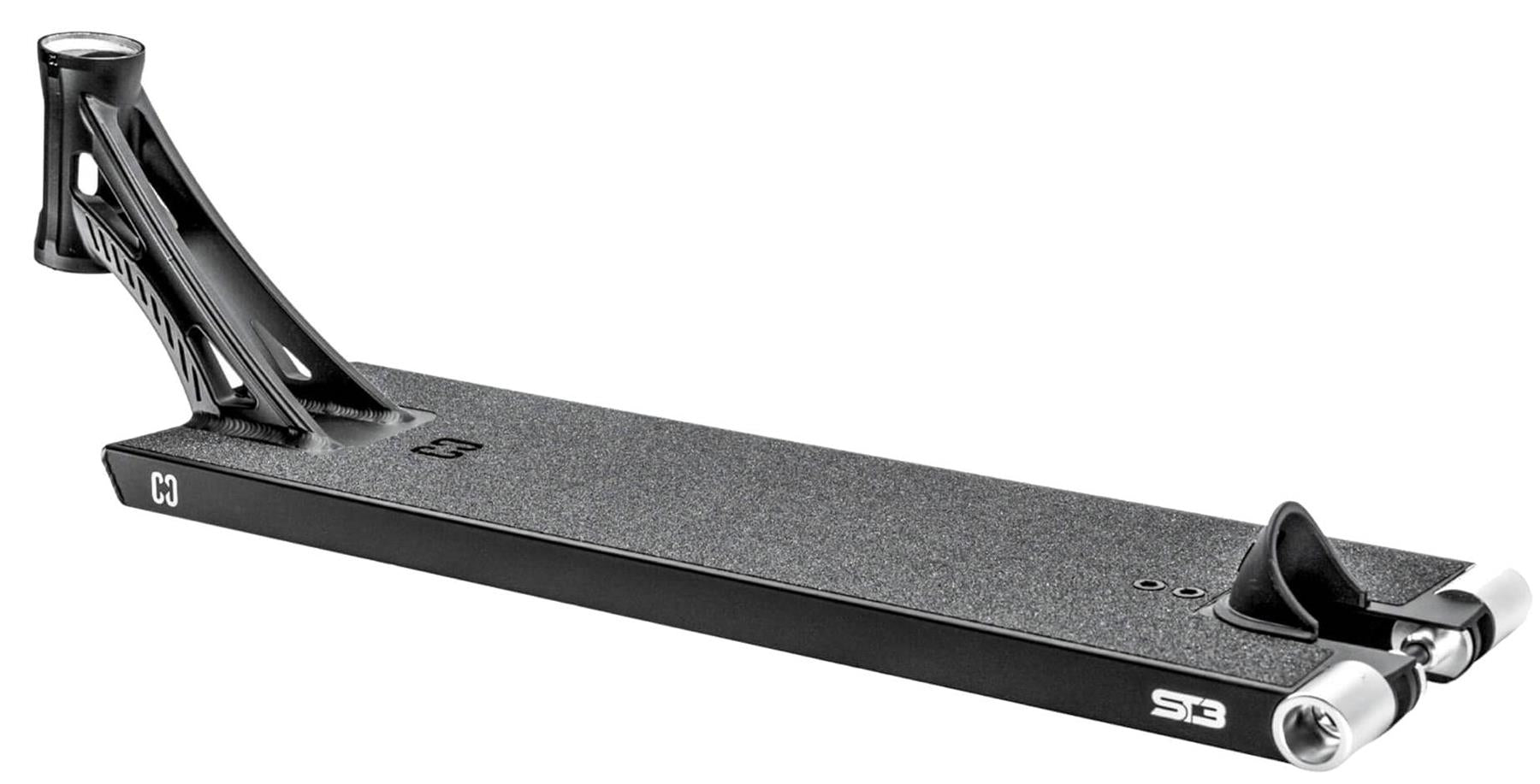 The CORE ST3 Forged Black Street Stunt Scooter Deck (6.5" x 22.5") features a textured surface, open triangular neck, brake, two rear wheels, and white "CO" and "S3" CORE markings; part of the CORE ST3 series.