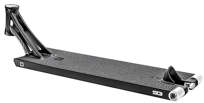 The CORE ST3 Forged Black Street Stunt Scooter Deck (6.5" x 22.5") features a textured surface, open triangular neck, brake, two rear wheels, and white "CO" and "S3" CORE markings; part of the CORE ST3 series.