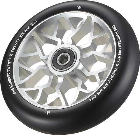 The Blunt Envy Sector 120mm Stunt Scooter Wheel in silver features a geometric spoke design, central ball bearing, and white "ONE HUNDRED TWENTY SIX MM 86A" text on the rubber.