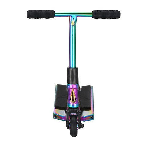 Front view of the Blunt Envy AOS V6 Finger Scooter in Oil Slick Neochrome, featuring black rubber handle grips and a small front wheel, set against a white background.