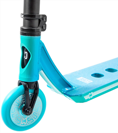 Close-up of the CORE CL1 Complete Stunt Scooter - Turtlesent by CORE, highlighting the blue and teal front section with wheel, fork, deck cut-out holes, and white graphics.
