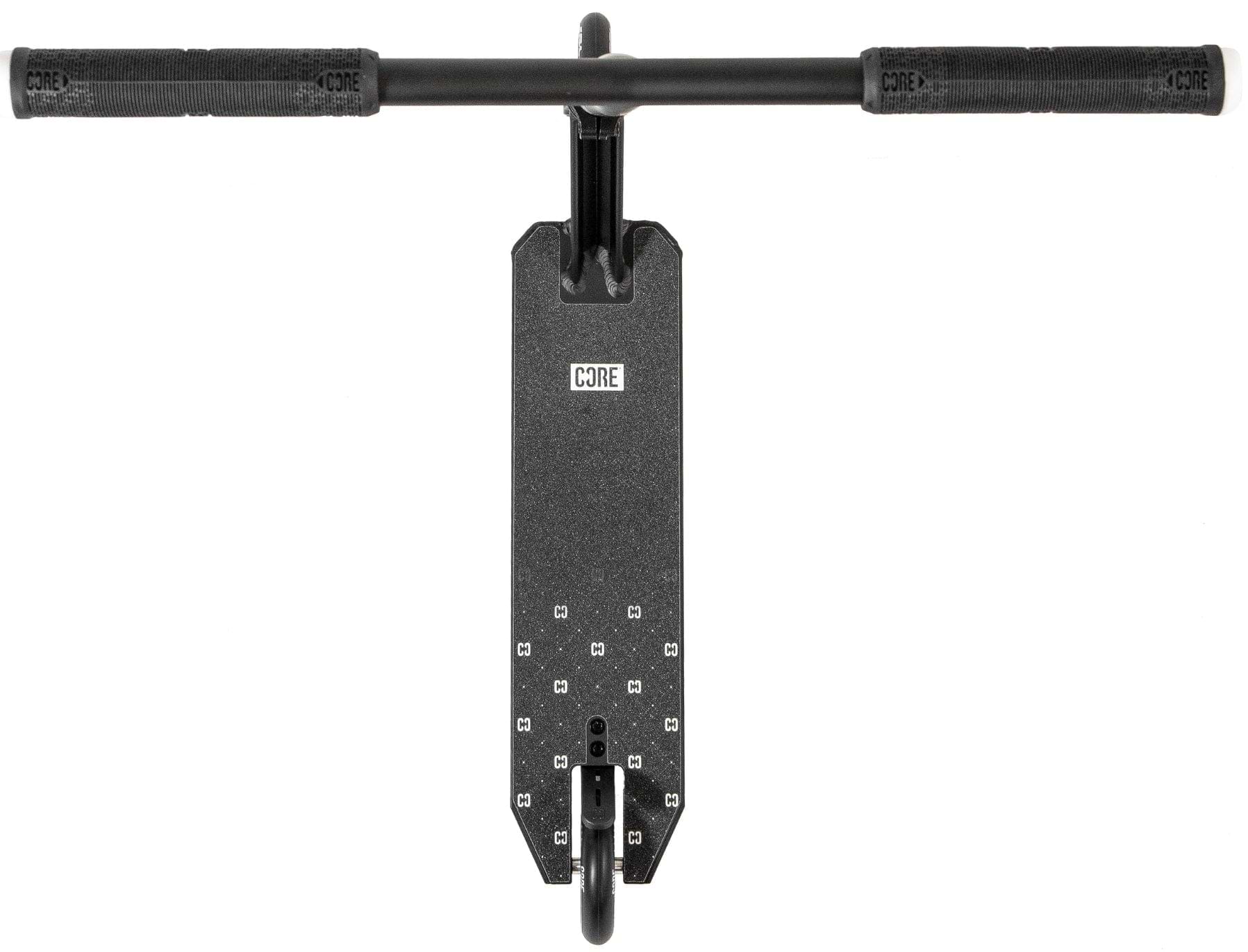 The CORE CG1 Complete Stunt Scooter - Black features a black deck, handlebars, and visible front wheel with the CORE logo, viewed from above. Ideal for beginners, this stylish CORE scooter stands out against a clean white background.