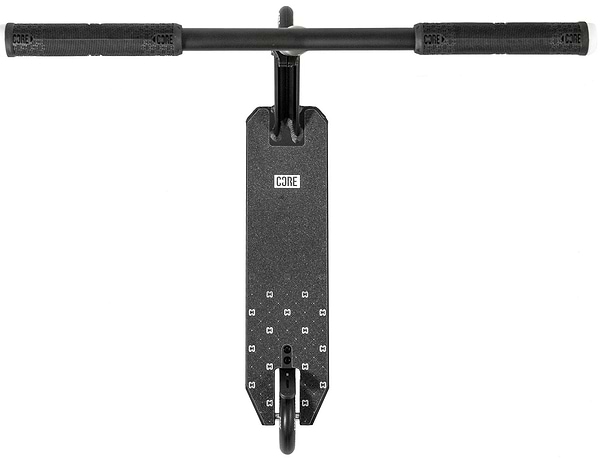 The CORE CG1 Complete Stunt Scooter - Black features a black deck, handlebars, and visible front wheel with the CORE logo, viewed from above. Ideal for beginners, this stylish CORE scooter stands out against a clean white background.