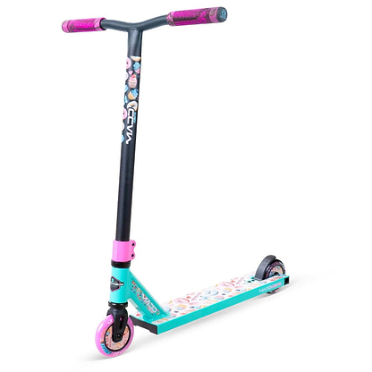 The Madd Gear MG 2 Obsidian Complete Stunt Scooter - Sugar Rush features a black handlebar, pink grips and accents, a turquoise donut-patterned deck, and pink and black wheels; perfect for kids aged 5+.