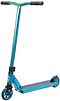 The Crisp Surge Complete Stunt Scooter - Full Neochrome by Crisp features a neochrome finish, black handlebar grips, black deck grip tape, and two small wheels—one at the front and one at the rear—shown against a white background.