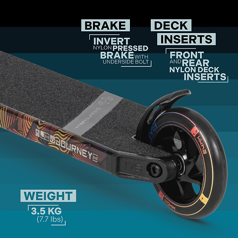 Close-up of the Invert Supreme Journey 2.5 Jamie Hull Stunt Scooter - Berserk's rear wheel and deck, showing its pressed nylon brake, front/rear deck inserts, and underside bolt—durable for intermediate riders. Weight: 3.5 kg (7.7 lbs).