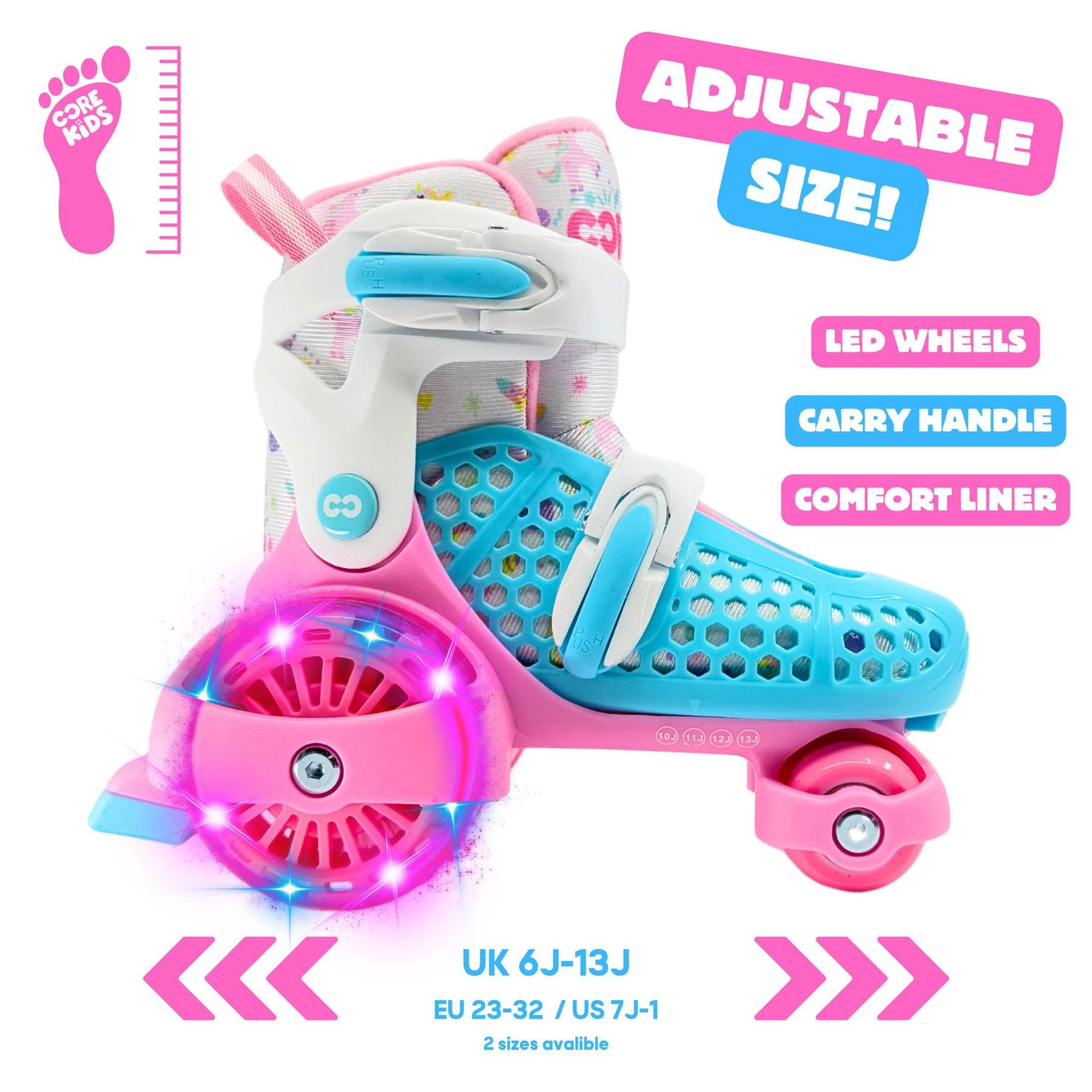 The CORE Kids Newbie LED Adjustable Roller Skates in pink/blue feature light-up wheels, a comfy liner, and carry handle. Adjustable for growing feet; ideal for beginners. Available in two sizes: UK 6J-13J, EU 23-32, US 7J-1.