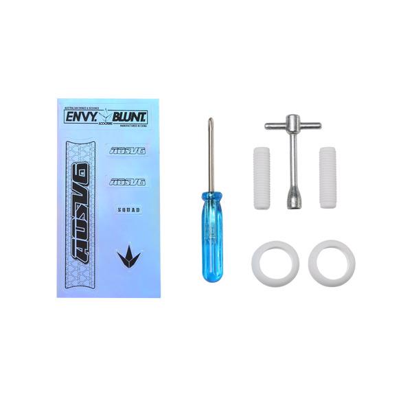 Blunt Envy AOS V6 Finger Scooter Maintenance Kit by Blunt Envy includes stickers, blue-handled screwdriver, T-shaped tool, two white grips, and two white rings—all neatly arranged on a white background.