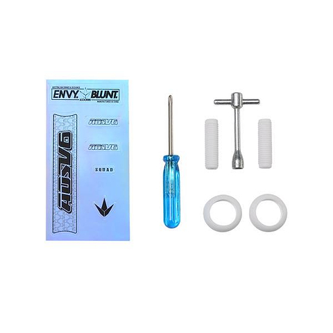 Blunt Envy AOS V6 Finger Scooter Maintenance Kit by Blunt Envy includes stickers, blue-handled screwdriver, T-shaped tool, two white grips, and two white rings—all neatly arranged on a white background.