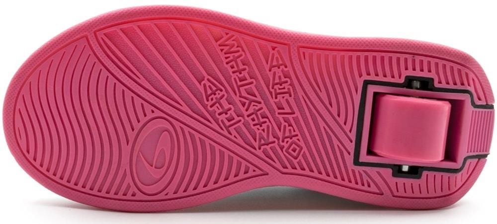 The Breezy Rollers Blast Shoes - Pink feature a textured pink sole with raised grooves and a visible retractable heel wheel, showcasing Breezy Rollers’ patented wheel system for smooth rolling.