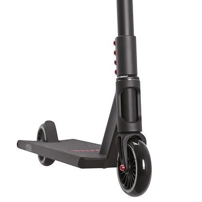 Close-up of the Aztek Siren Complete Street Stunt Scooter in black, showing the deck, rear and front wheels, and lower handlebar with red accent bolts. Brand: Aztek.