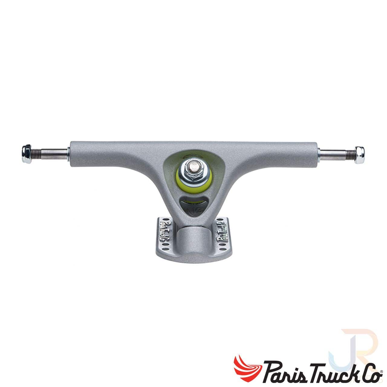 A Paris V3 Reflector Grey longboard truck, adorned with green bushings and the iconic Paris logo, is showcased upright against a white background. Its polished metal finish and precise components are perfect for longboard enthusiasts.