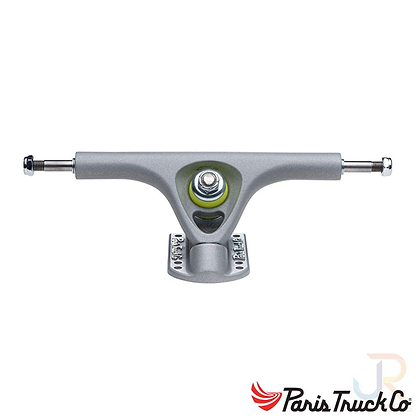 A Paris V3 Reflector Grey longboard truck, adorned with green bushings and the iconic Paris logo, is showcased upright against a white background. Its polished metal finish and precise components are perfect for longboard enthusiasts.
