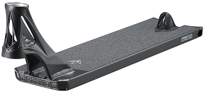 The Blunt Envy AOS V6 Squad Black Stunt Scooter Deck (5.5" x 22") features a textured grip surface, open cutout headtube, and angled rear brake—ideal for any stunt setup. Positioned on a white background.