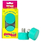 The Gumball Roller Skate Short 17mm 83A Toe Stops in Mint Blue feature a vibrant package with two teal stops made from a proprietary rubber blend against a yellow and pink box. The open box highlights one stop with bold text and playful graphics, showcasing their stopping power.