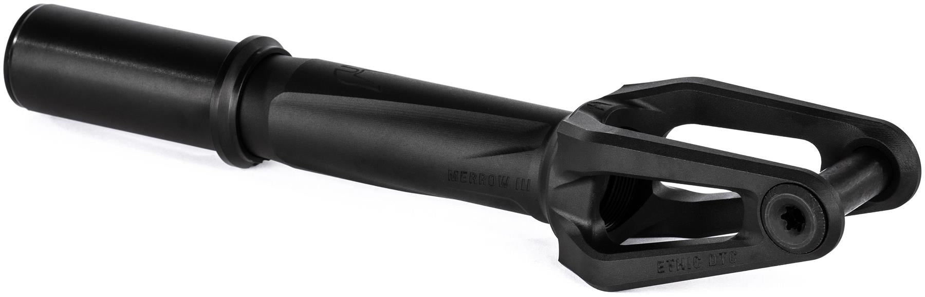 The Ethic DTC Merrow V3 8/12STD IHC Stunt Scooter Fork in black is a lightweight metal fork featuring a cylindrical tube and open pronged design with bolt, ideal for stunt scooters.