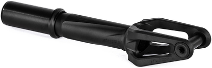 The Ethic DTC Merrow V3 8/12STD IHC Stunt Scooter Fork in black is a lightweight metal fork featuring a cylindrical tube and open pronged design with bolt, ideal for stunt scooters.