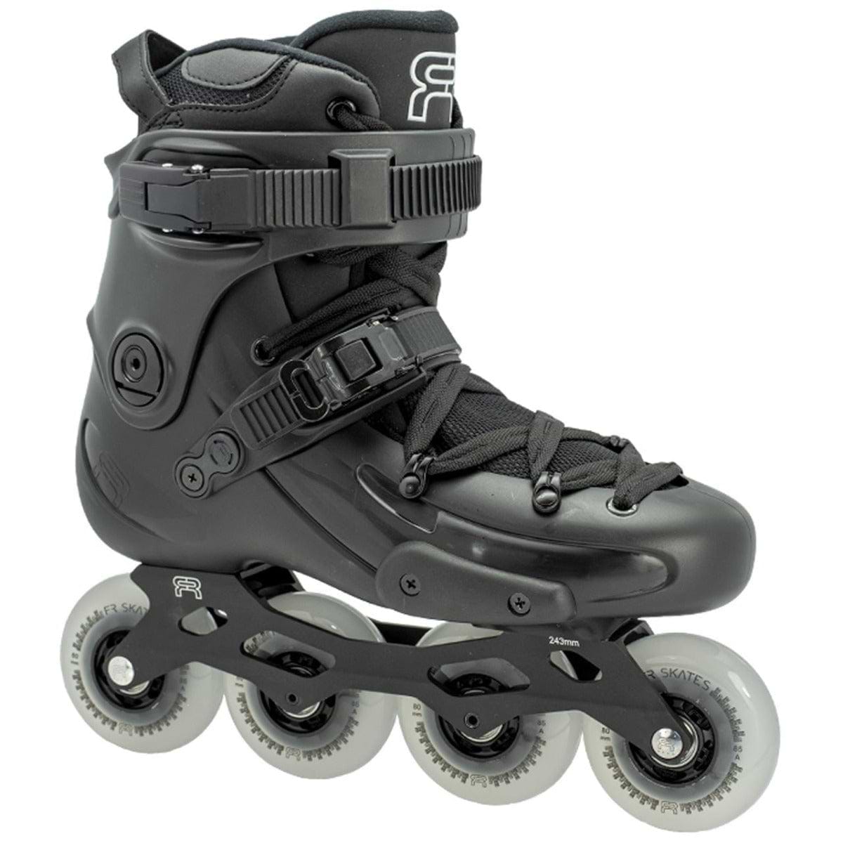 The FR Skates FR2 80 Inline Skates - Black, offered by FR Skates, boast a streamlined black design equipped with adjustable straps and high ankle support, making them ideal for freestyle skating. These skates feature four white wheels and rockerable R2 frames, along with secure laces and buckles, perfect for recreational or urban adventures.