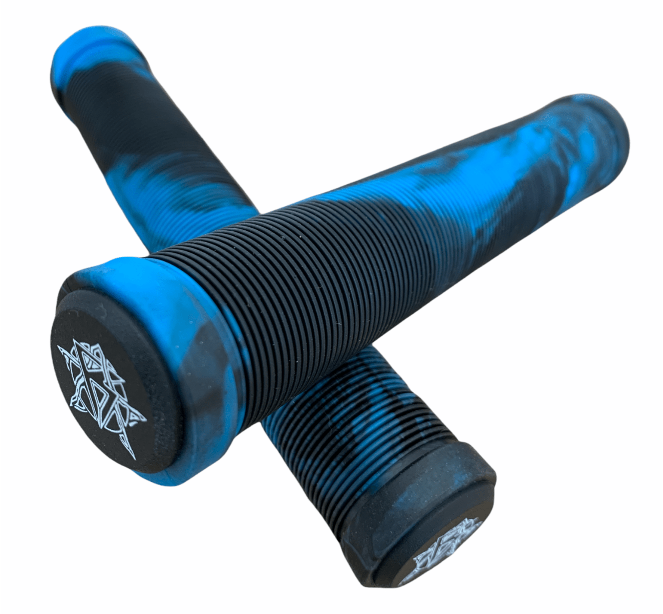 The Revolution Fused Black / Blue Stunt Scooter Grips, measuring 172mm, showcase a textured surface with stylized logos at the ends, arranged in a crossed pattern against a white backdrop.