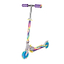 The Ozbozz Tie Dye Light Up Foldable Kids Kick Scooter features a vibrant tie-dye design with rainbow-style LED light-up wheels, purple handle grips, and blue wheels, perfect for brightening any ride.