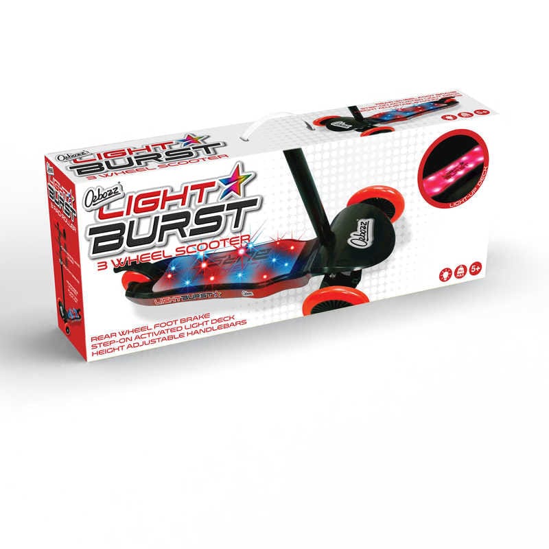 The Ozbozz Light Burst Light Up Kids Tri-Scooter box is sleek in white with red accents, highlighting images of the three-wheeled scooter’s illuminated wheels. It comes equipped with a light-up deck, a step-on activated board, height-adjustable handlebars, and a foot brake for an exciting ride.