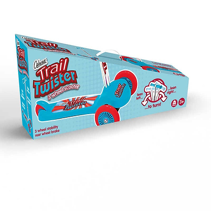 The packaging for the Ozbozz Trail Twist V4 Kids Tri-Scooter - Blue features a blue design with red and white accents. It includes an image of the tilt-to-steer scooter, which helps in developing coordination and balance, along with instructions. This product is suitable for children ages 3 and up.
