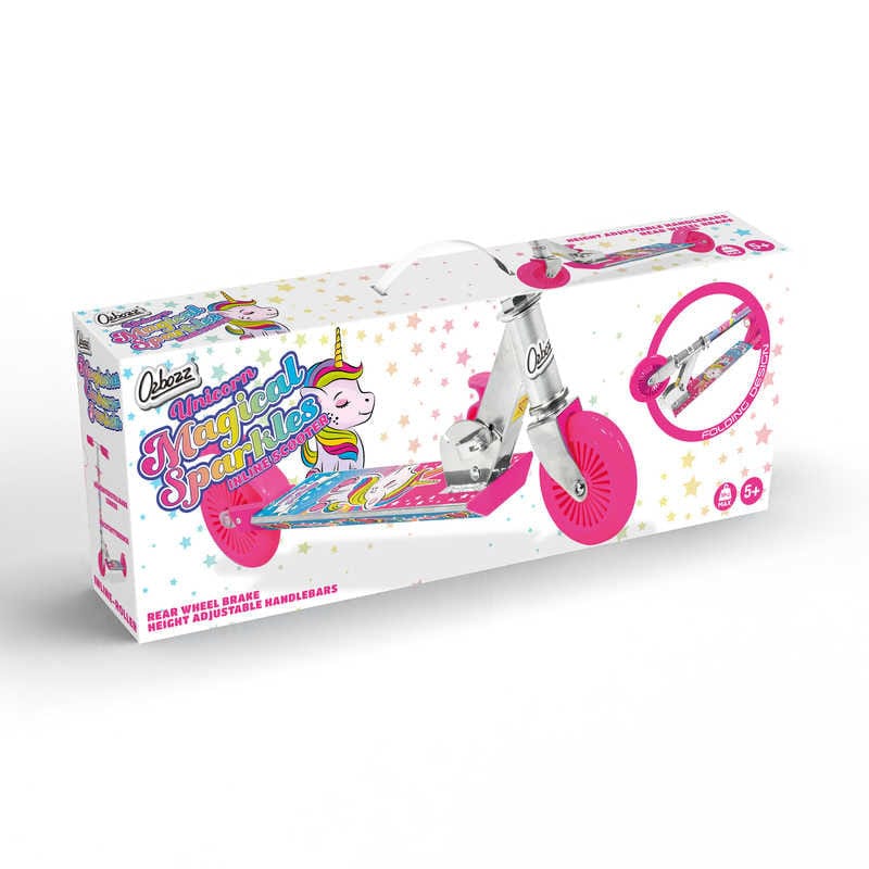 The Ozbozz Unicorn Magical Sparkles Foldable Kick Scooter - Pink features a colorful box with bright pink wheels, a back foot brake, and adjustable handlebars. Perfect for ages 6+, this enchanting ride from Ozbozz offers endless fun and adventure.