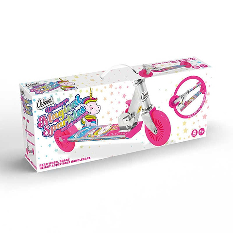 The Ozbozz Unicorn Magical Sparkles Foldable Kick Scooter - Pink features a colorful box with bright pink wheels, a back foot brake, and adjustable handlebars. Perfect for ages 6+, this enchanting ride from Ozbozz offers endless fun and adventure.